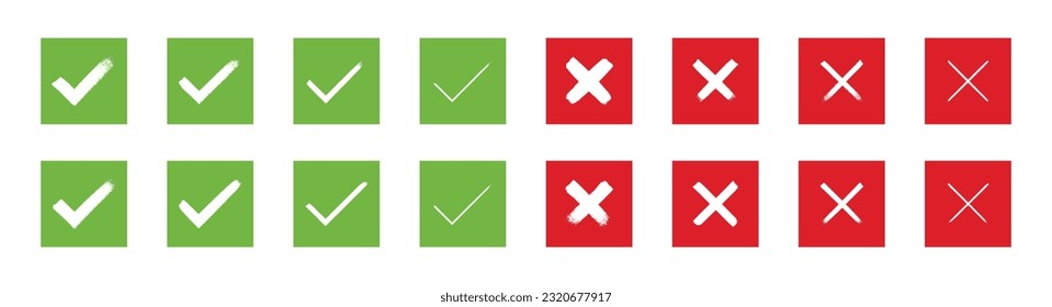 Hand painted approved and rejected signs. Grunge style check mark and cross vector illustration