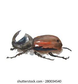 Hand painted aqua color bug pattern background. Watercolor beetle template.