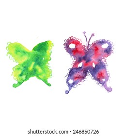 Hand painted aqua color butterflies pattern background. Watercolor vector insect isolated template.