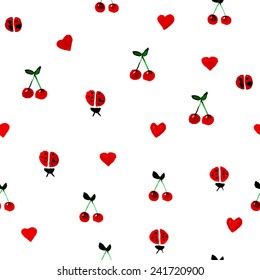 Hand painted aqua color cherry and hear pattern seamless background. Watercolor valentine love template texture.