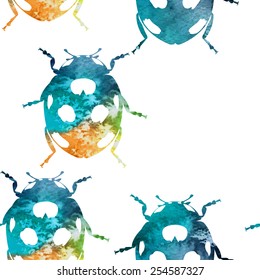Hand painted aqua color ladybird pattern seamless background. Watercolor endless insect  template texture.