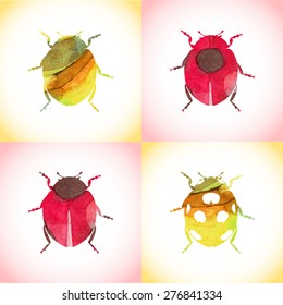 Hand painted aqua color ladybird pattern background. Set of watercolor bug templates.