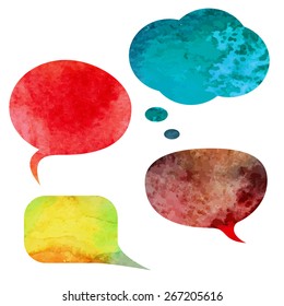 Hand painted aqua color talking bulb illustration. Watercolor vector communication speech bubbles set.