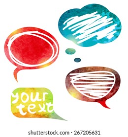 Hand painted aqua color talking bulb illustration. Watercolor vector communication speech bubbles set.