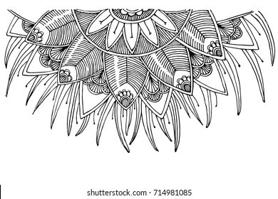 Hand painted art design for coloring book. Decorative round ornament. Anti-stress therapy pattern. Black and white hand drawn illustration