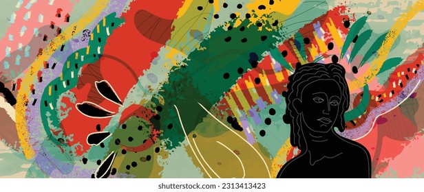 Fondo vector de arte pintado a mano. Exposiciones de arte abstractas de diseño con pinceles, acuarela, textura, estatuas griegas antiguas, escultura. Ilustración literaria para pintura, cubierta, imprenta, telas.