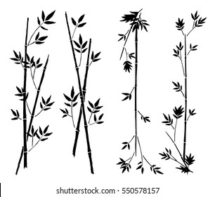 Hand painted asian traditional black ink decorative bamboo borders on white background - vector illustration