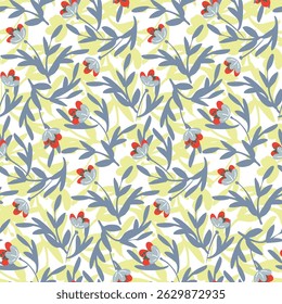Hand painted azaleas and leaves as a maximalist botanical pattern in colors of red, blue, green, gray and lime green on white background. Seamless vector pattern. Great for home decor, fabric, gifting