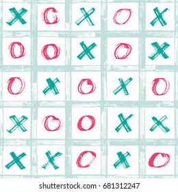 Hand painted background with cross marks and circles. Tic Tac toe game seamless pattern. Vector illustration