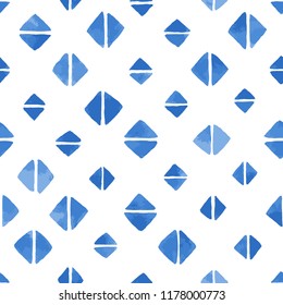 Hand painted background with geometric shapes in blue. Seamless vector pattern