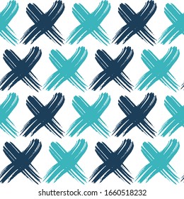 Hand painted background. Geometric wrapping paper, textile vector fill. Tile X O ink brush texture. Tile vector pattern with black xo on white background