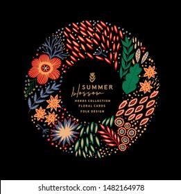 Hand painted banner circle frame with folk ethnic flowers on black, bright ornamental plants and branches. Spring or summer flowers for invitation, wedding or greeting cards