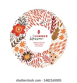 Hand painted banner circle frame with folk ethnic flowers, bright ornamental plants and branches. Spring or summer flowers for invitation, wedding or greeting cards