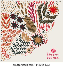 Hand painted banner with folk ethnic flowers, bright ornamental plants and branches. Spring or summer flowers for invitation, wedding or greeting cards
