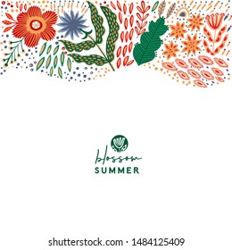 Hand painted banner with folk ethnic flowers, bright ornamental plants and branches. Spring or summer flowers for invitation, wedding or greeting cards