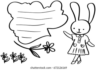 Hand painted beautiful flowers, text frame, cute rabbit put on the skirt