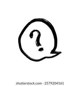 A hand painted black question mark inside a roughly drawn speech bubble conveys uncertainty or inquiry.