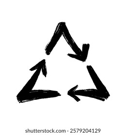 A hand painted black recycling symbol depicts three arrows forming a triangle on a white background.