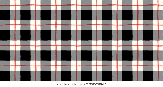 Hand Painted Black and Red Check Seamless Vector Pattern, Plaid Background for Winter Fabric and Paper Design