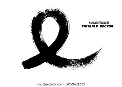 Hand painted black ribbon. Universal symbol of awareness. Brush stroke, grunge texture.