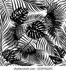 Hand painted black vector palm leaves seamless pattern on white background. Monstera leaves. Perfect for fabric, wallpaper or wrapping paper.