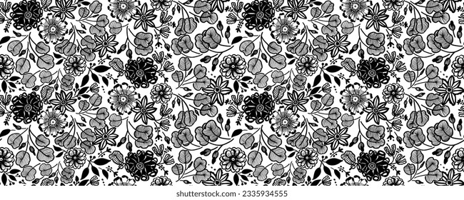 Hand painted black vector palm leaves seamless pattern on white background. Perfect for fabric, wallpaper or wrapping paper. 