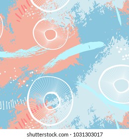 Hand painted blue brush strokes in orange, pastel blue and white with background. Grunge abstract repeating background. Dirty minimalistic splashes