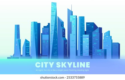 Hand painted blue city skyline illustrated with many skyscrapers