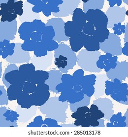 Hand painted blue flowers seamless repeat pattern.