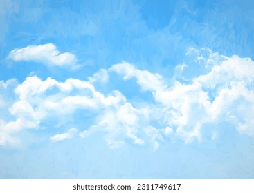 Hand painted blue sky background with fluffy white clouds