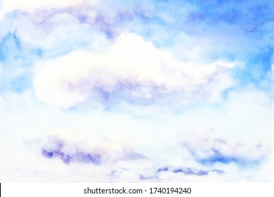 Hand painted blue sky and clouds, abstract watercolor background, vector illustration