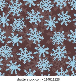 Hand painted blue snowflakes seamless pattern on chocolate background.