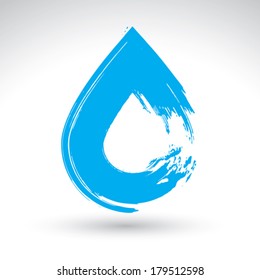 Hand Painted Blue Water Drop Icon Isolated On White Background, Simple Natural Drop Symbol Created With Real Ink Hand Drawn Brush Scanned And Vectorized.