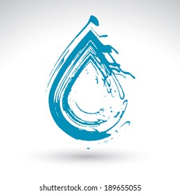 Hand painted blue water drop icon isolated on white background, simple natural drop symbol created with real ink hand drawn brush scanned and vectorized.