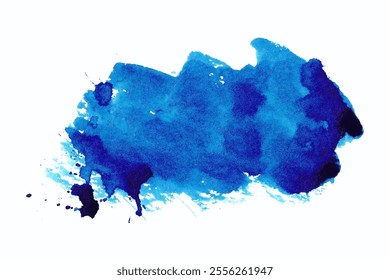 Salpicadura Abstractas de acuarela azul pintada a mano aislada sobre fondo blanco. Forma orgánica fluida con gotas. Salpicaduras modernas con colores vibrantes 