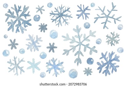 Hand painted blue watercolor snowflakes set isolated on white background, vector illustration