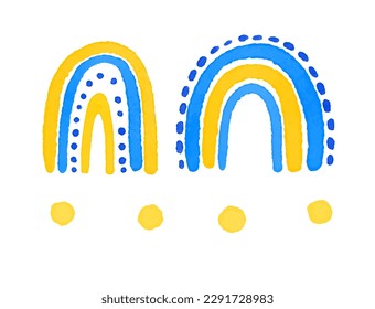 elementos del cielo azul y amarillo pintados a mano. Conjunto de hermosos arcos infantiles, colores ucranianos. Cielo, linda ilustración infantil, vivero, diseño, decoración. 