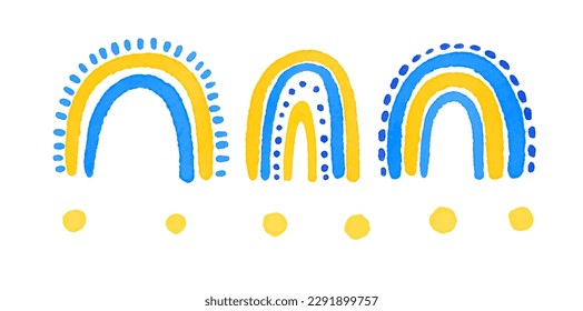 hand painted blue and yellow sky elements. Set of cute childish rainbows, ukrainian colors. Sky, cute childish illustration, nursery, design, decor. 