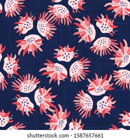 Hand Painted Bold Summer Bloom Floral Motif Seamless Pattern. Classic Blue Pink Flower Petal Background. Modern Bright Cut Out Collage Style Textile. Exotic Hawaiian Allover Print Vector Eps 10 Tile. 