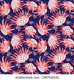 Hand Painted Bold Summer Bloom Floral Motif Seamless Pattern. Classic Blue Pink Flower Petal Background. Modern Bright Cut Out Collage Style Textile. Exotic Hawaiian Allover Print Vector Eps 10 Tile.