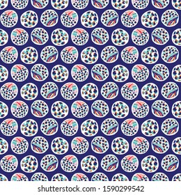 Hand Painted Bold Summer Camouflage Polka Dot Seamless Pattern. Classic Blue Dotty Circle Background. Modern Bright Cut Out Collage Style Textile. Playfull All Over Print Vector Eps 10 Tile.
