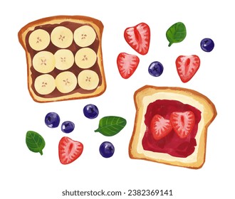 Hand painted breakfast food toasts, peanut butter, strawberry, blueberry, jam, chocolate, ingredients illustration isolated on white background