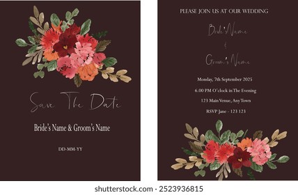 hand painted brown watercolor peony, rose, chrysanthemum. poppy flower invitation vector