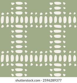 Hand painted brush marks forming checks pattern in a color palette of off white on an olive green background. Seamless vector pattern. Great for home decor, fabric, wallpaper, gift wrap, stationery.