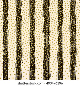 Hand painted brush strokes. Bright abstract modern seamless pattern with golden stars. Vector illustration for wrapping, website, invitation or other design. Shiny gold background.Texture of gold foil