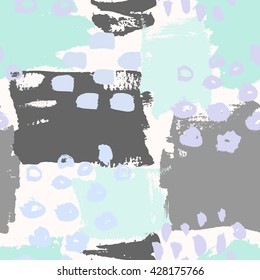 Hand painted brush strokes in gray, light violet and mint green on cream background. Seamless abstract repeating background.
