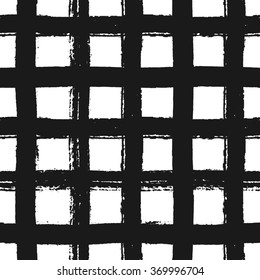 Hand painted brush strokes grid texture. Seamless abstract monochrome repeating background.