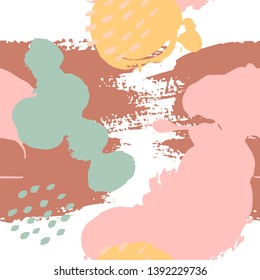 Hand painted brush strokes in pink, mustard, mint, brown, white. Seamless vector abstract pattern, background of texture brush strokes and spots, dots for fabric design, different web designs