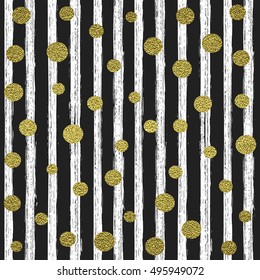 Hand painted brush strokes seamless pattern. Vector illustration. Golden sparkling shiny confetti on a striped background.