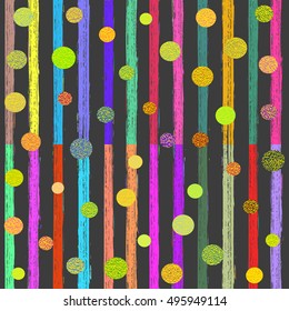 Hand painted brush strokes seamless pattern. Vector illustration. Colorful confetti on a striped background.
